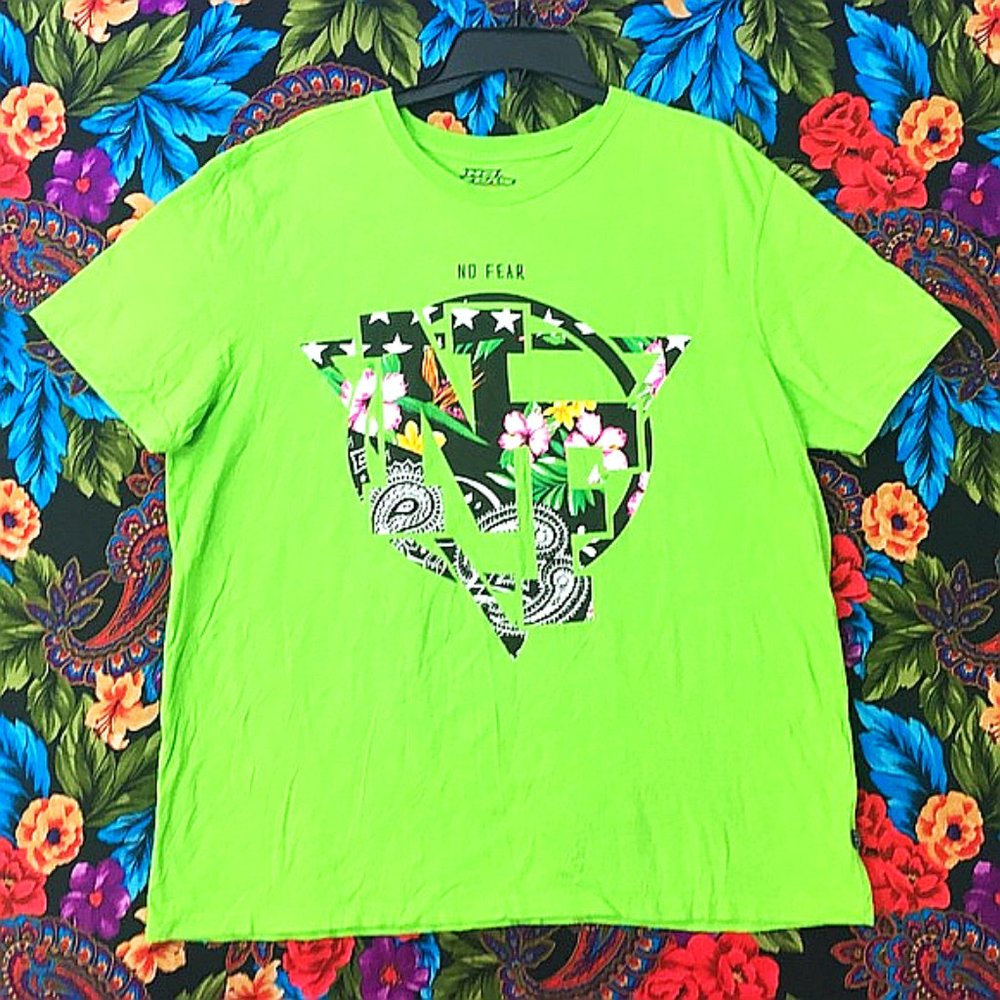 MENS NO FEAR SHIRT MENS SIZE 2XL TOP GEEEN XXL PAISLEY FLORAL GRAPHIC TEE SHIRT